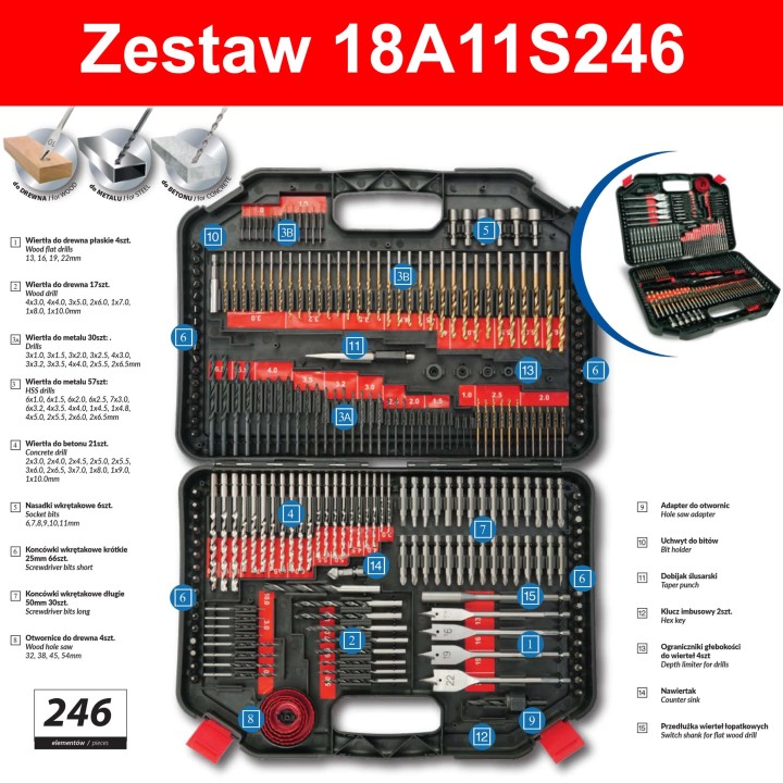 Zestaw wierteł i bitów, 246 sztuk, Dedra - 18A11S246