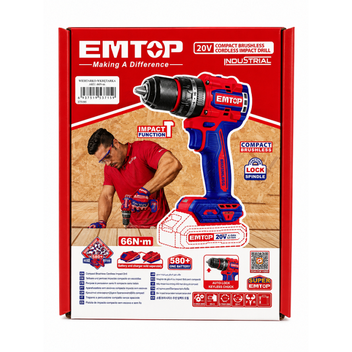 Wiertarko - wkrętarka 20 V, 66Nm, EMTOP - ECIDL206681